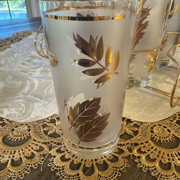 MCM Libbey Frosted Gold Leaf Highball Glasses Set with Metal Carrier - Picture 3 of 5